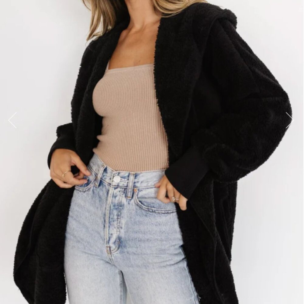 Hem and Thread Cozy Black Hooded Fuzzy Teddy Open Front Jacket One Size